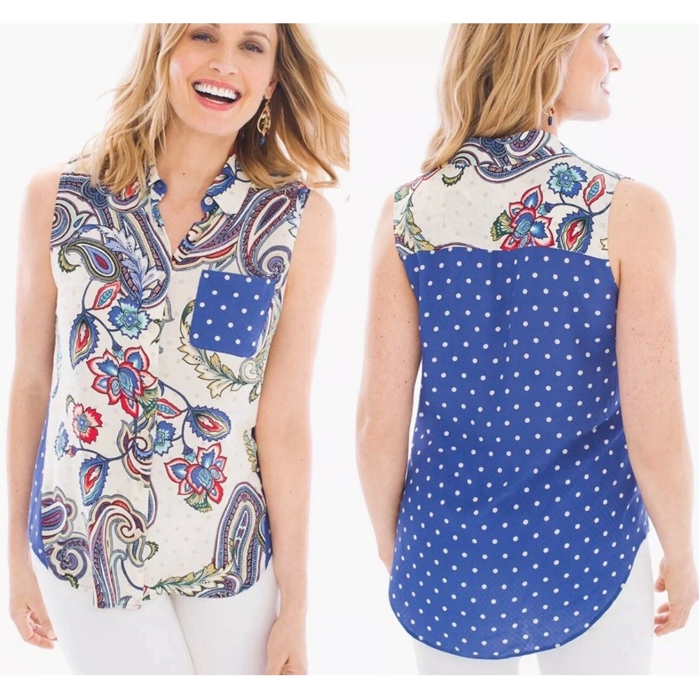 Chico's Size‎ 1 Medium Scrolling Orient Mixed Print Sleeveless Rayon Tunic Top
